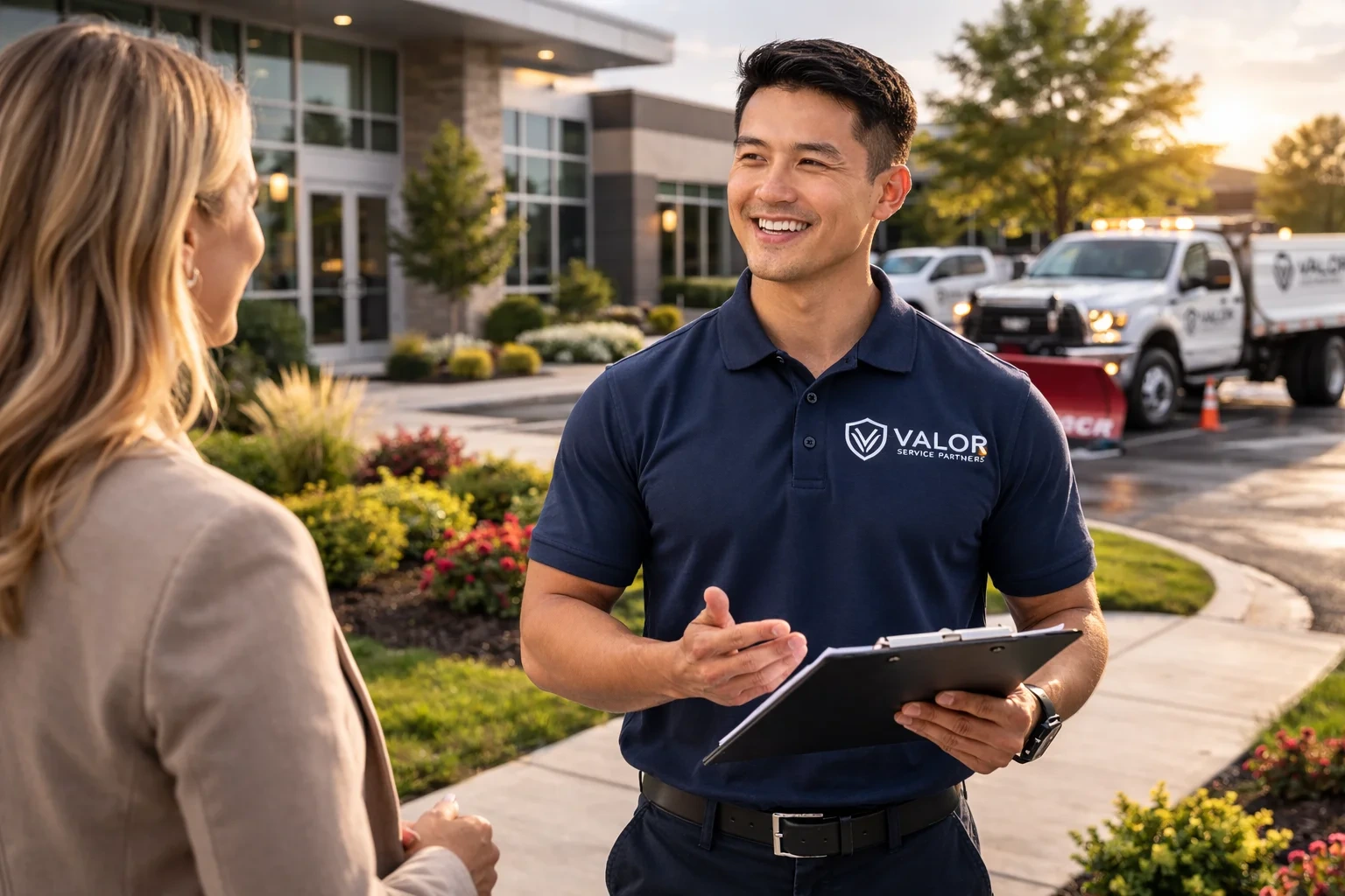 Valor sales representative speaking with a businesswoman outside a commercial property with branded plow trucks behind them