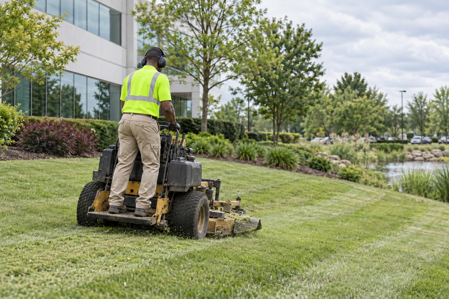 Professional mowing at a landscaped commercial office property