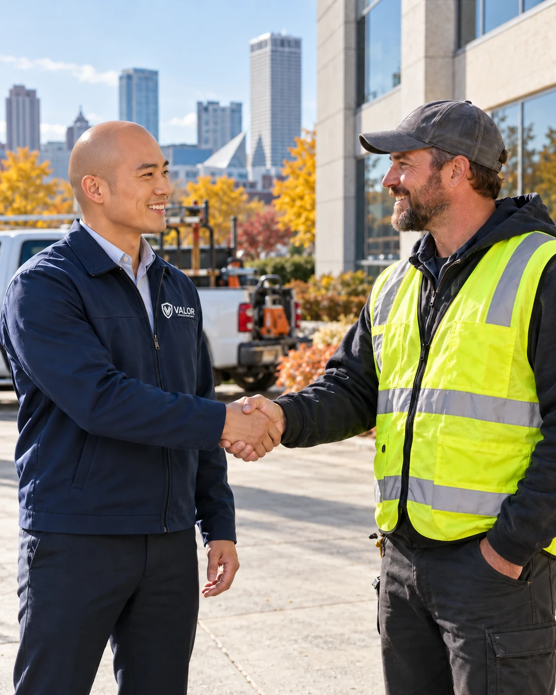 Asian business owner shaking hands with an exterior maintenance contractor