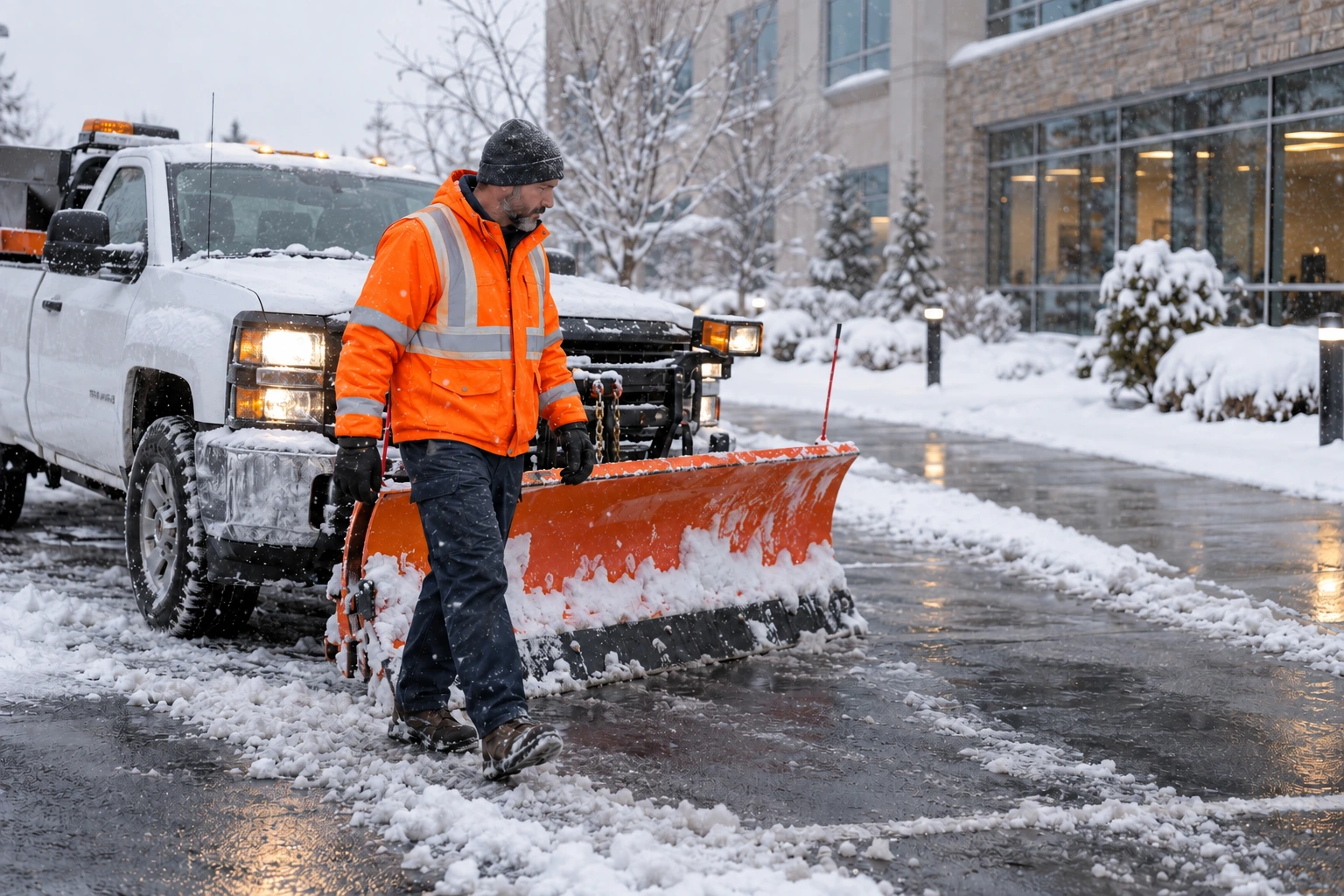 Professional snow plow clearing a commercial parking lot