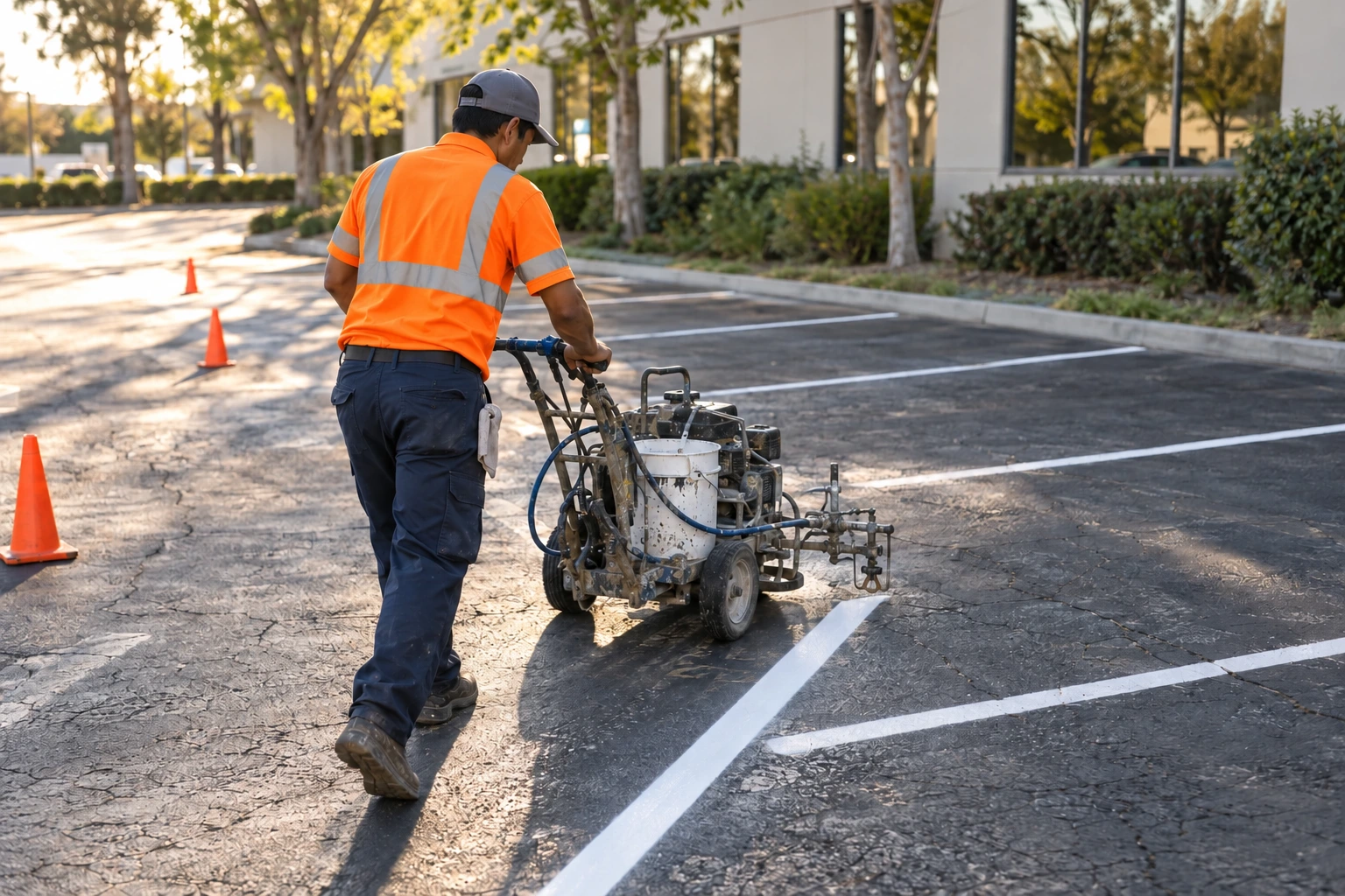 Contractor painting straight parking lot lines with a professional striping machine