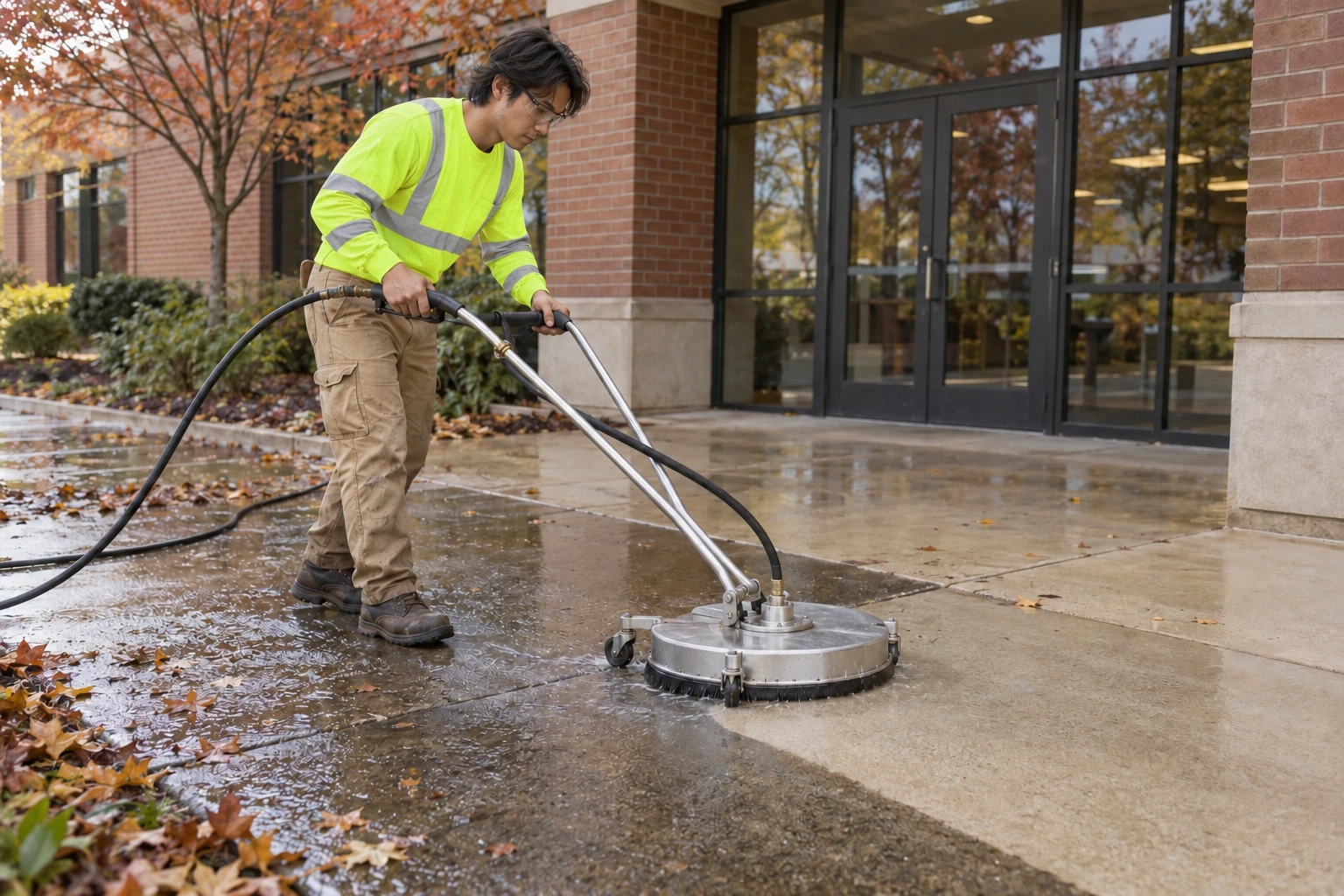Professional cleaning a commercial walkway with a pressure washing surface cleaner